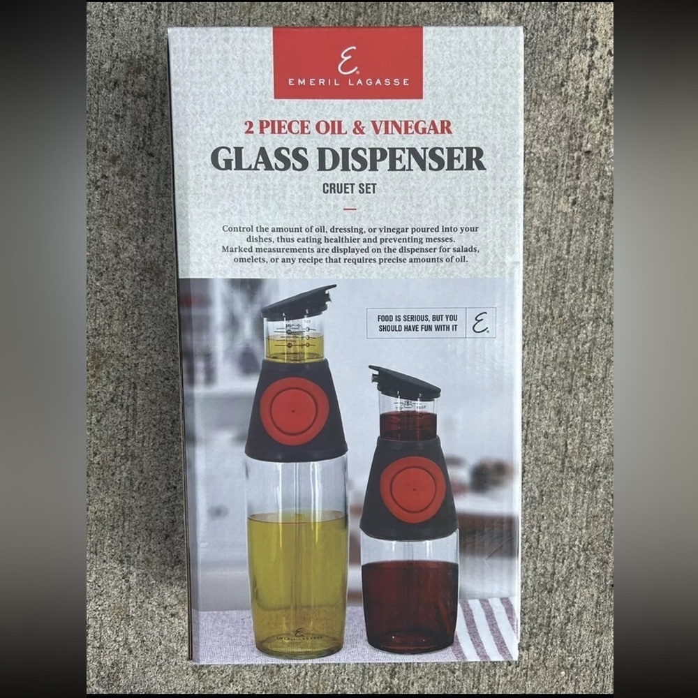 NEW Emeril Lagasse 2 Piece Oil & Vinegar Glass Dispenser Cruet Set